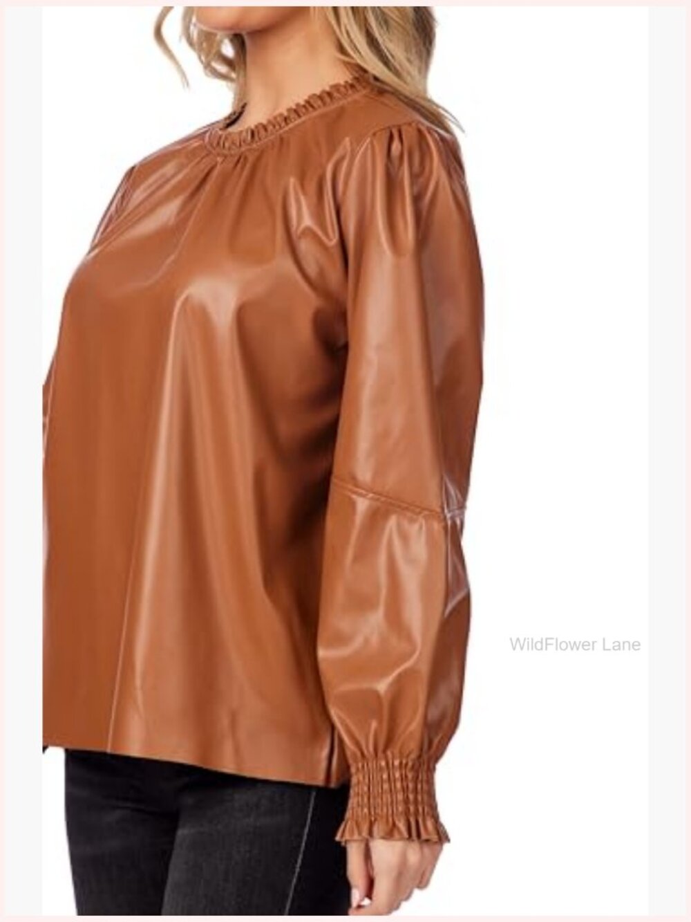 Faux Leather Ruffle Neck Long Sleeve Top Blouse - Picture 4 of 5
